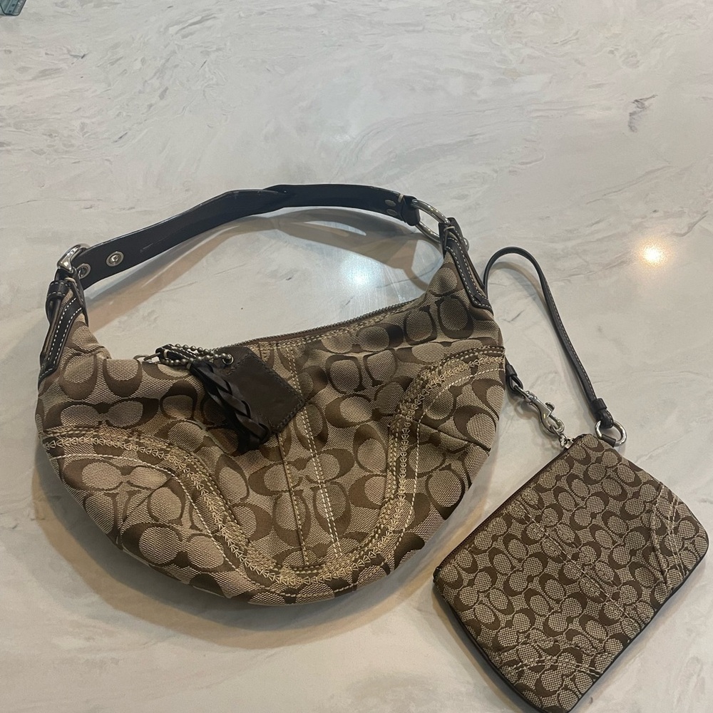 Coach Brown Monogram Canvas Hobo Bag with wristlet